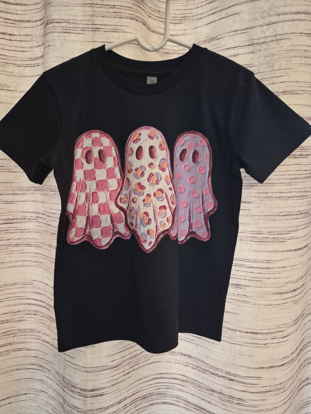 Girl's Halloween Black T-Shirt with Pink Ghost Trio Graphic